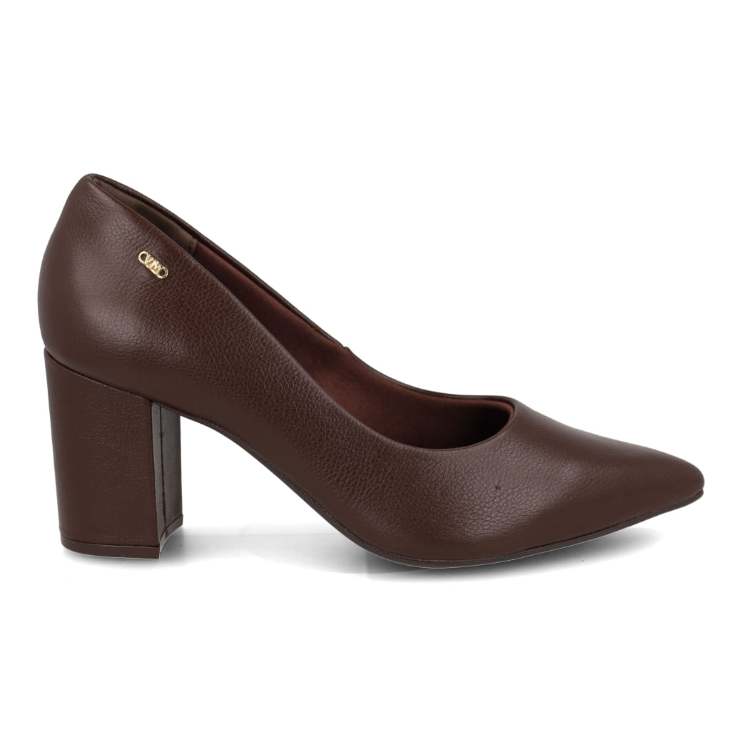 Scarpin Via Marte Couro Café Feminino com salto bloco e bico fino